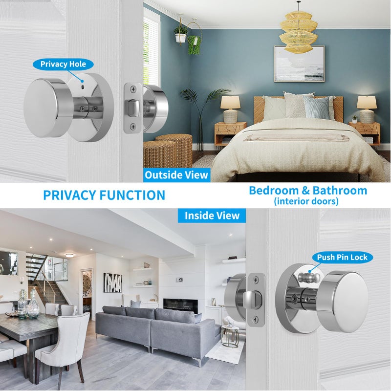 naubea Polished Chrome Door Knobs Interior, Polished Chrome Privacy Door Knob with Lock, Heavy Duty Round Modern Door Handle for Bedroom Bathroom - Image 2